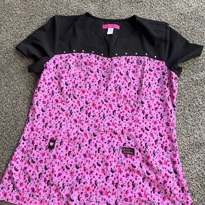 Betsey Johnson Pink and Black Leopard Print Scrub Top